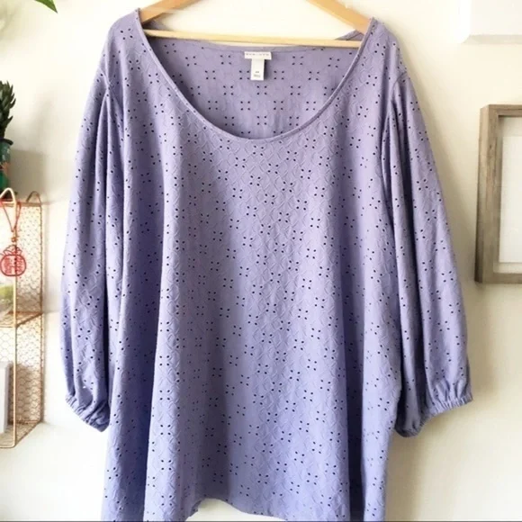 Ava & Viv Puff Sleeve Eyelet Knit Blouse | 4X - Picture 2 of 7